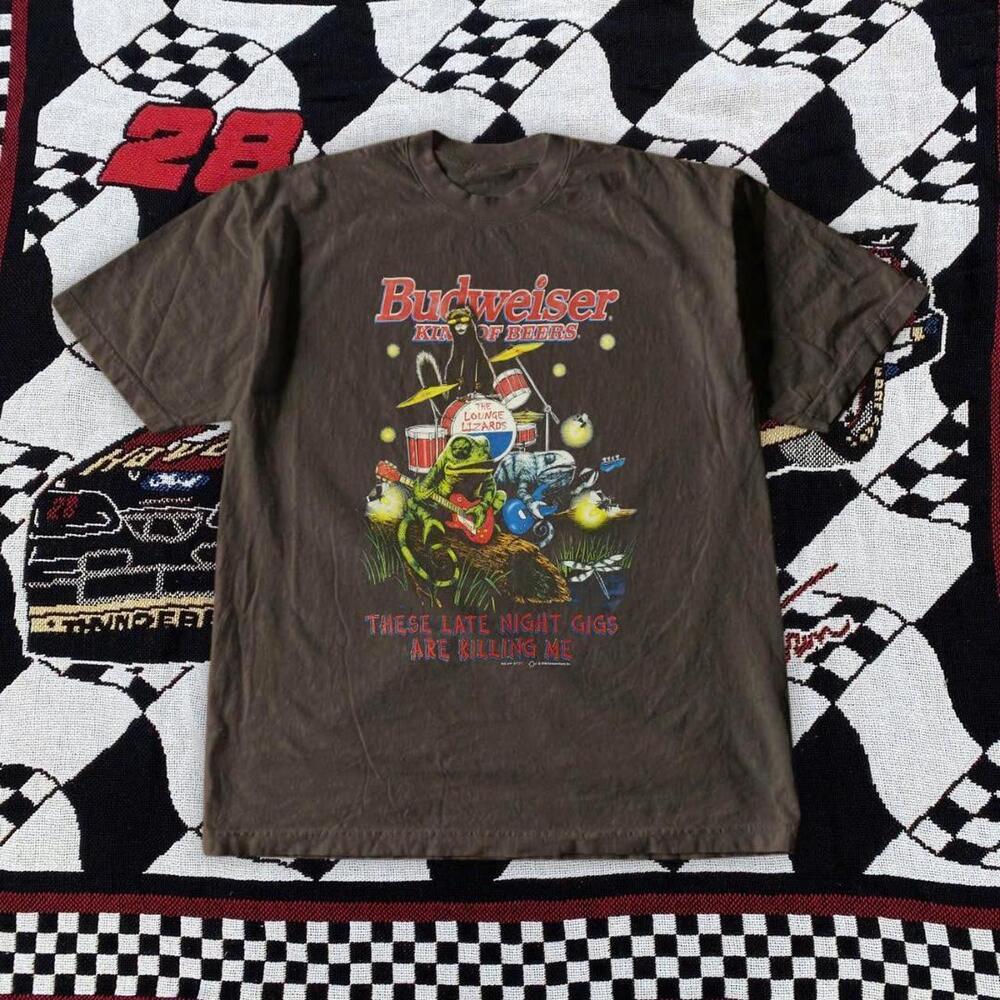 Brown Budweiser Frog Graphic Tee -  Grunge Band Style Shirt